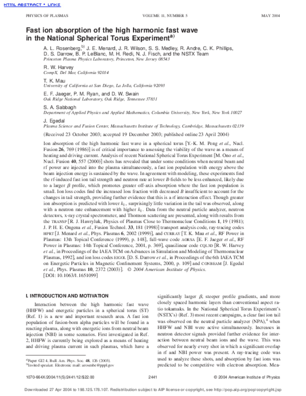 (PDF) Fast ion absorption of the high harmonic fast wave in the ...