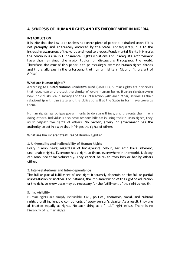 (PDF) A SYNOPSIS OF HUMAN RIGHTS AND ITS ENFORCEMENT IN NIGERIA
