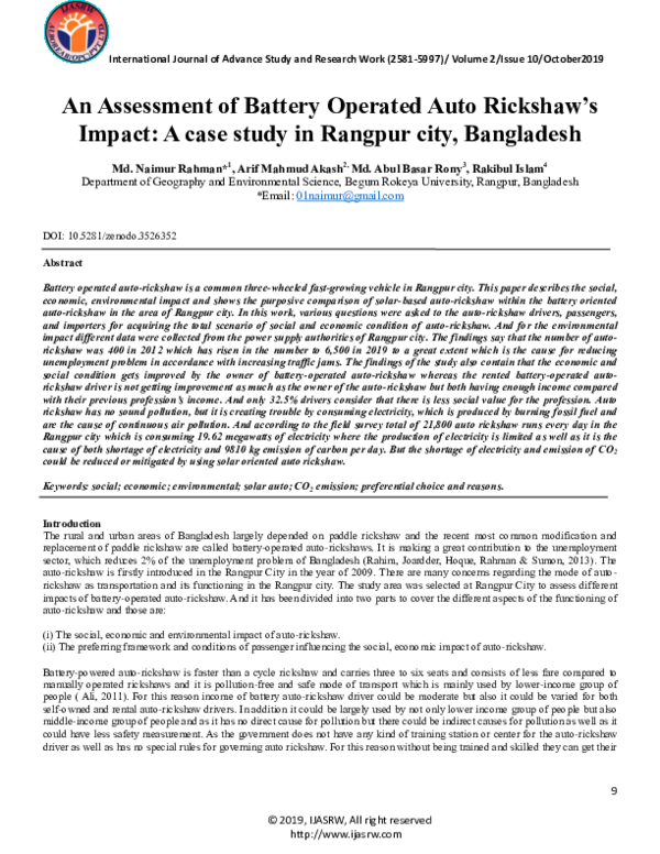 (PDF) An Assessment of Battery Operated Auto Rickshaw's Impact: A case ...