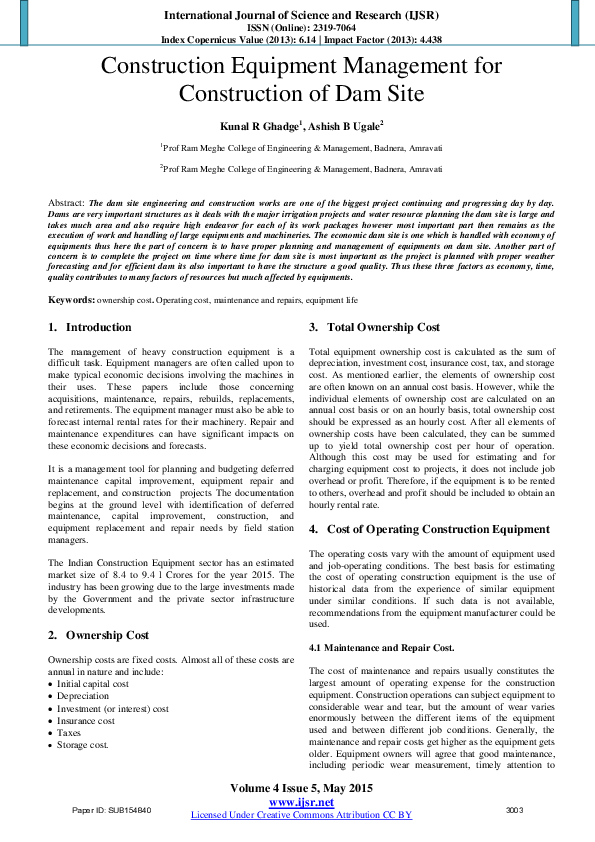 (PDF) Construction Equipment Management for Construction of Dam Site
