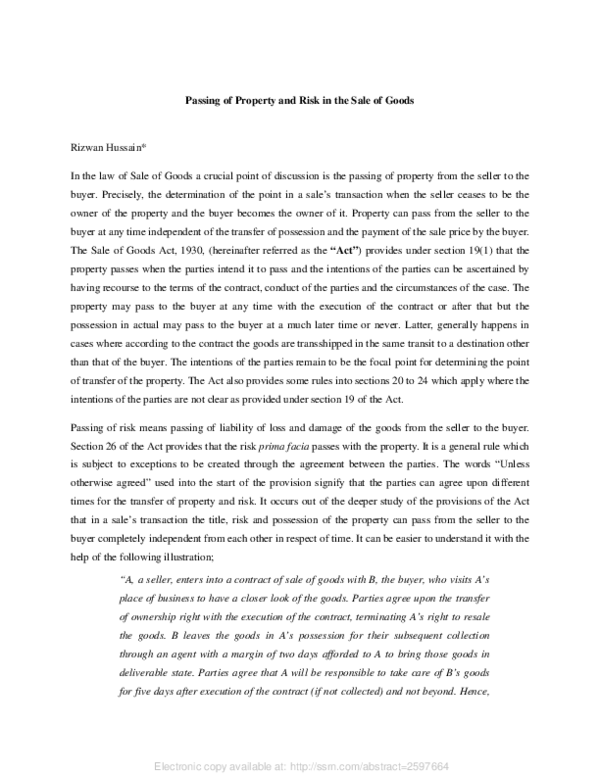 (PDF) Passing of Property and Risk in Sale of Goods