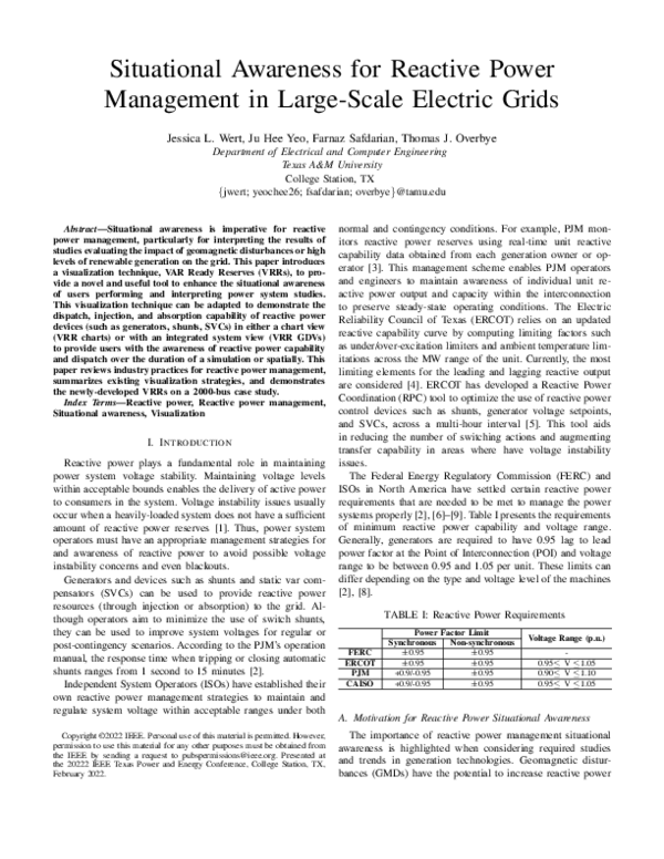 (PDF) Situational Awareness for Reactive Power Management in Large ...