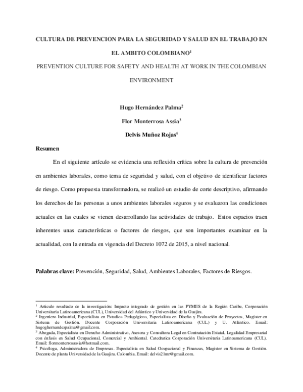 (PDF) Cultura de prevención para la seguridad y salud en el trabajo en ...