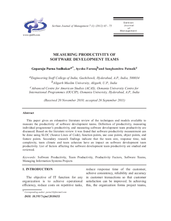 (PDF) Measuring productivity of software development teams