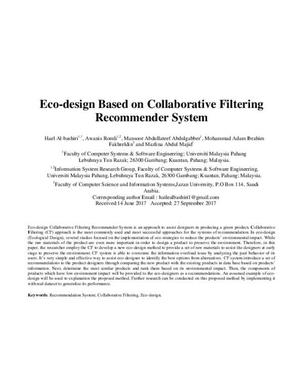 (PDF) Eco-Design Based on Collaborative Filtering Recommender System