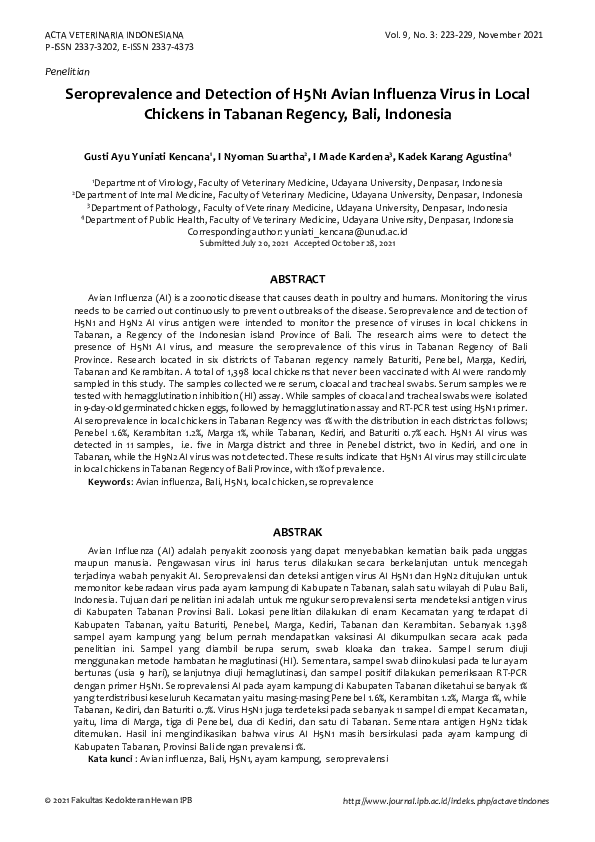 (PDF) Seroprevalence and detection of H5N1 avian influenza virus in ...