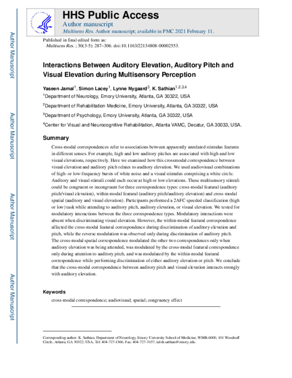 (PDF) Interactions Between Auditory Elevation, Auditory Pitch and ...