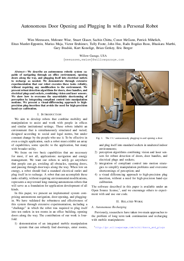 (PDF) Autonomous door opening and plugging in with a personal robot