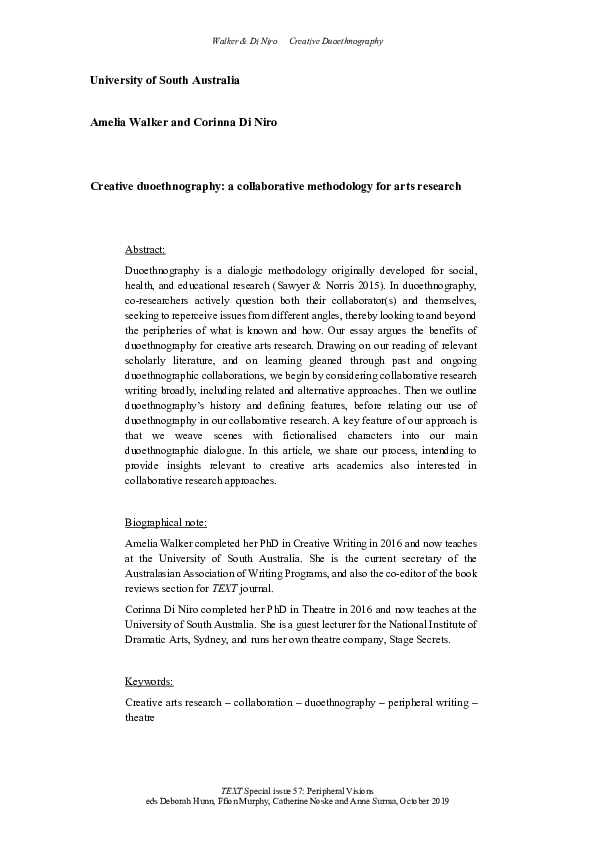 (PDF) Creative duoethnography: a collaborative methodology for arts ...