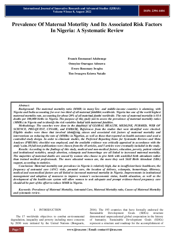 (PDF) Prevalence Of Maternal Moterlity And Its Associated Risk Factors ...