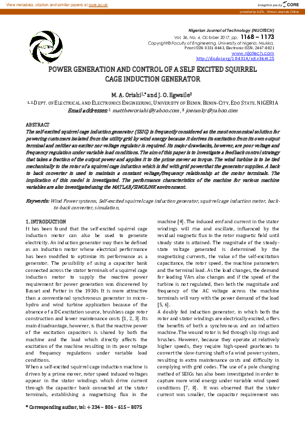 (PDF) Power generation and control of a self excited squirrel cage ...