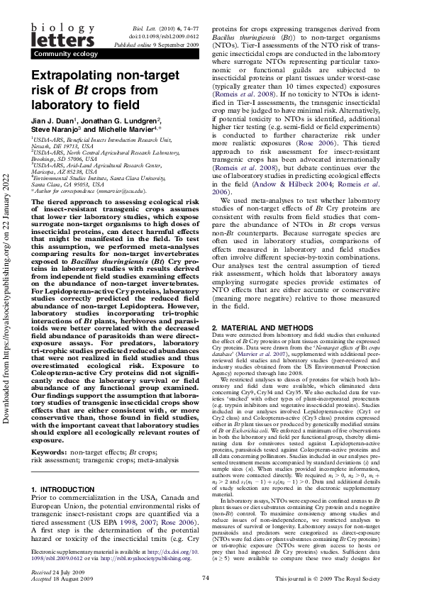 (PDF) Extrapolating non-target risk of Bt crops from laboratory to field