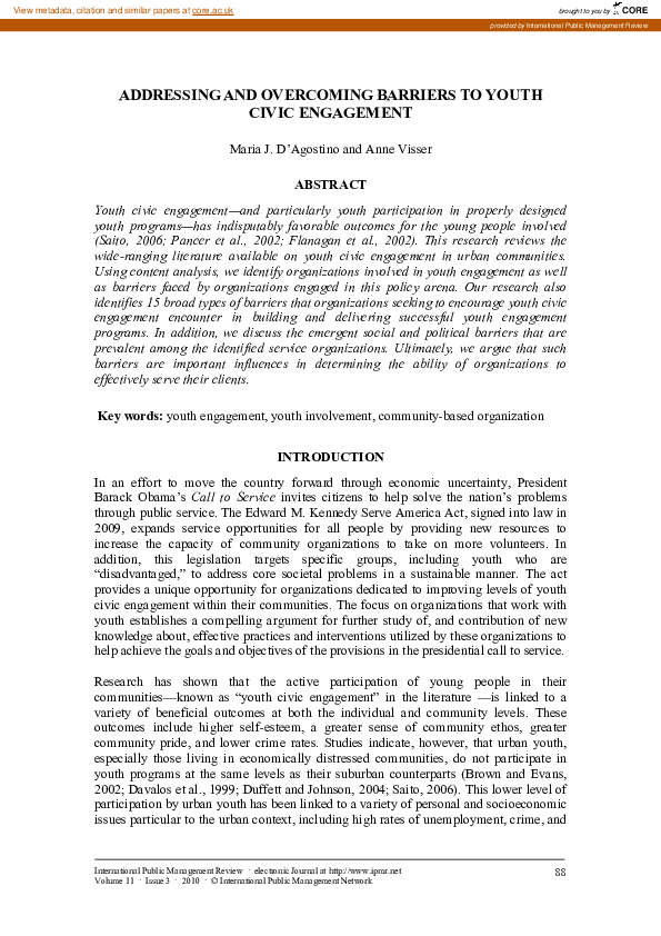 (PDF) Addressing and Overcoming Barriers to Youth Civic Engagement