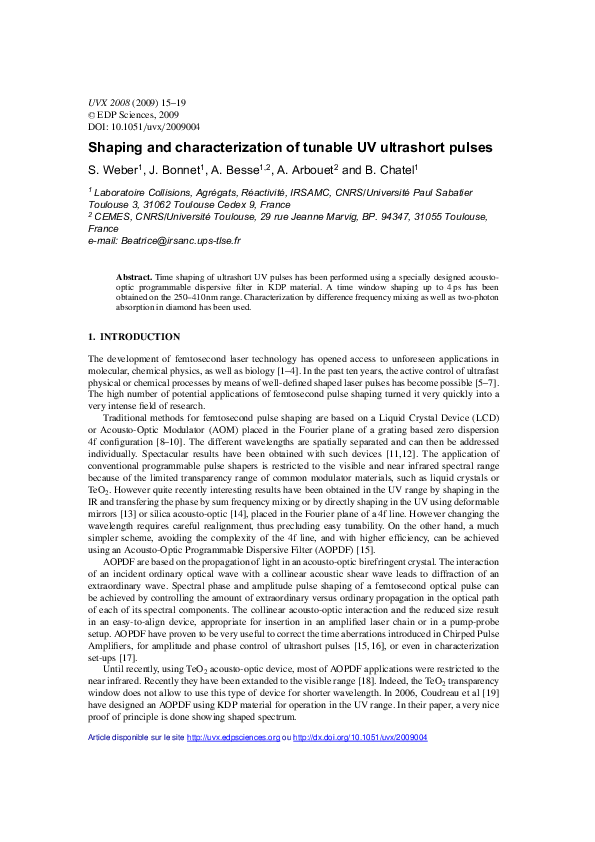 (PDF) Shaping and characterization of tunable UV ultrashort pulses