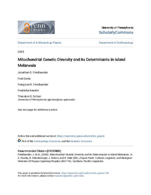 (PDF) Mitochondrial genetic diversity and its determinants in Island ...