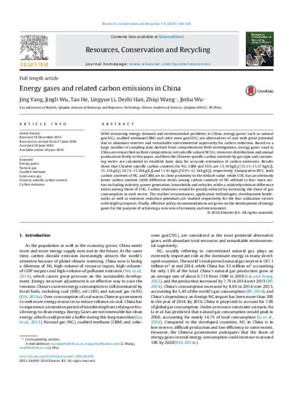 (PDF) Energy gases and related carbon emissions in China