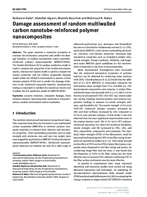 (PDF) Damage assessment of random multiwalled carbon nanotube ...