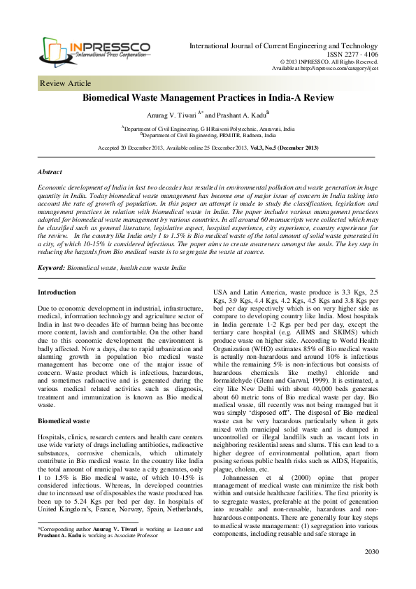 (PDF) Bio-Medical Waste Management Practices in India - A Review