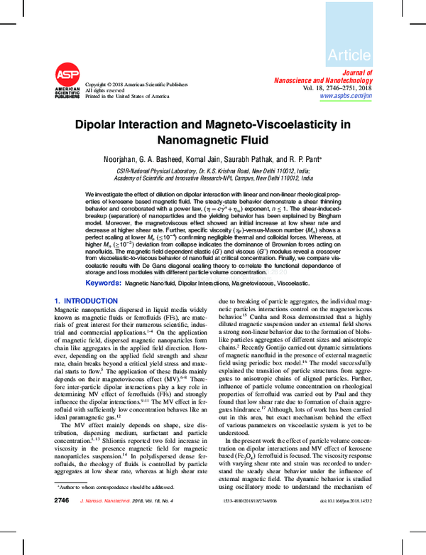 (PDF) Dipolar Interaction and Magneto-Viscoelasticity in Nanomagnetic Fluid