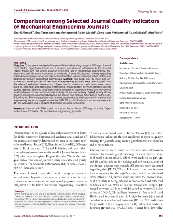 (PDF) Comparison among Selected Journal Quality Indicators of ...