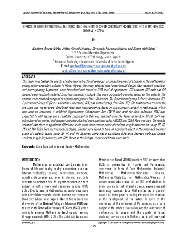 (PDF) Effects of Video Instructional Packages on Achievement of Senior ...