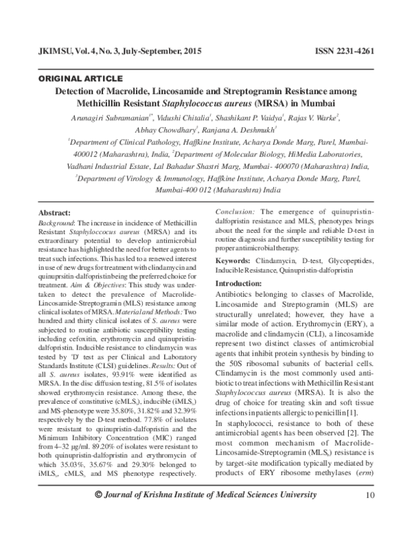 (PDF) Detection of Macrolide, Lincosamide and Streptogramin Resistance ...