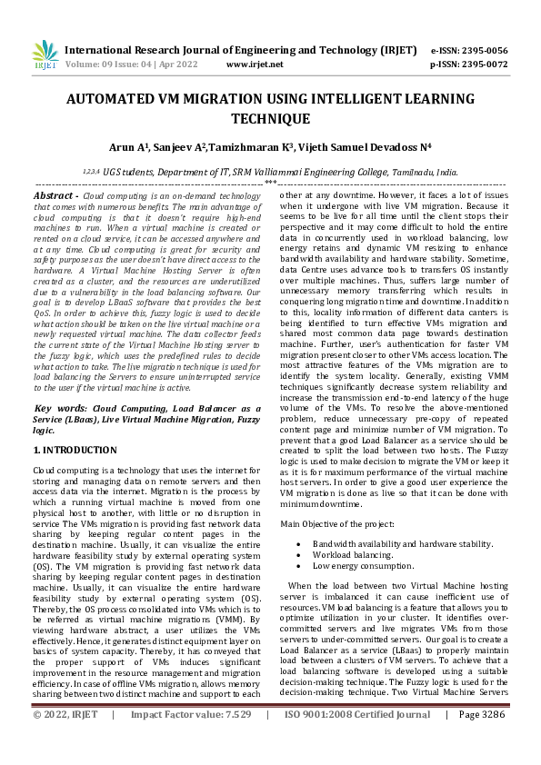 Pdf Automated Vm Migration Using Intelligent Learning Technique