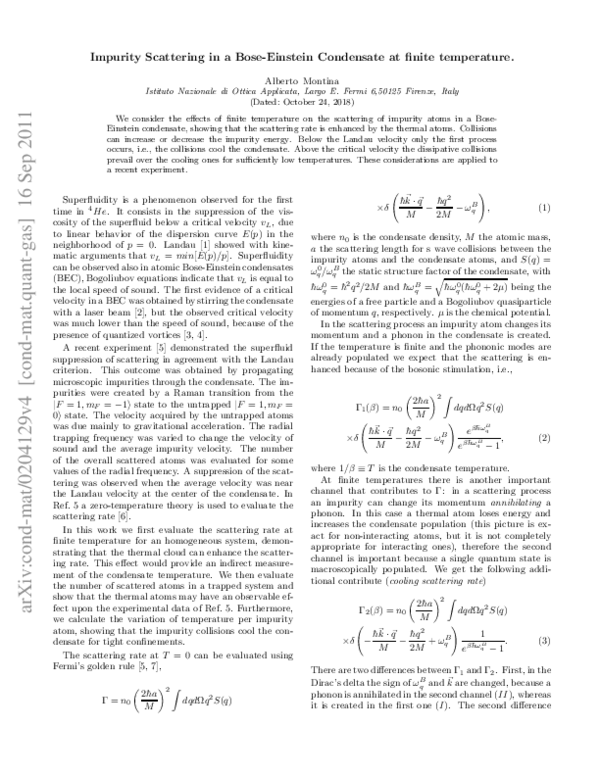 (PDF) Impurity scattering in a Bose-Einstein condensate at finite ...