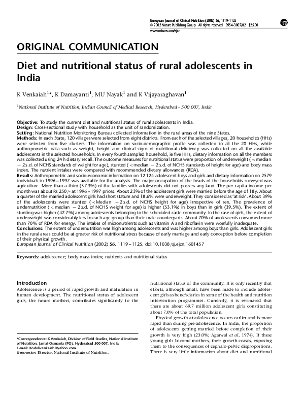(PDF) Diet and nutritional status of rural adolescents in India
