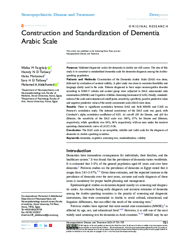 (PDF) Construction and Standardization of Dementia Arabic Scale