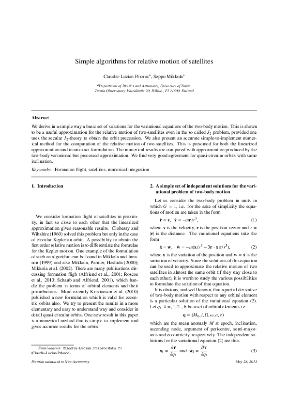 (PDF) Simple algorithms for relative motion of satellites