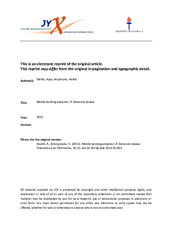 (PDF) Mobile banking adoption A literature review Aijaz Shaikh