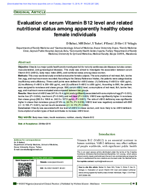 (PDF) Evaluation of serum Vitamin B12 level and related nutritional ...