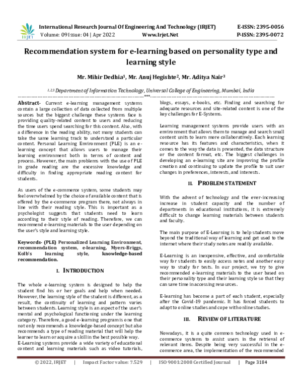 (PDF) Recommendation system for e-learning based on personality type ...