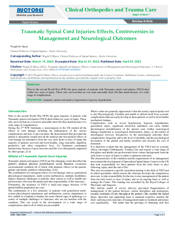 (PDF) Traumatic Spinal Cord Injuries: Effects, Controversies in ...