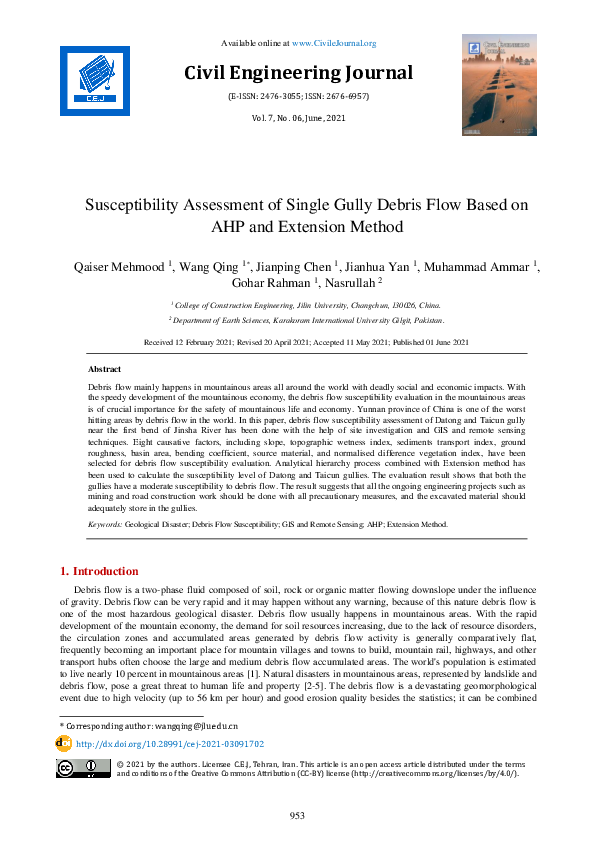 (PDF) Susceptibility Assessment of Single Gully Debris Flow Based on ...