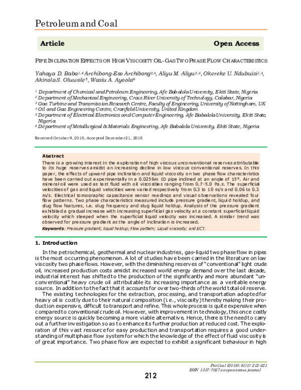 (PDF) Pipe inclination effects on high viscosity oil-gas two phase flow ...