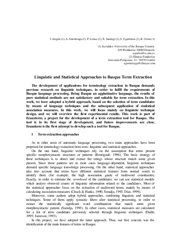 (PDF) Linguistic and Statistical Approaches to Basque Term Extraction