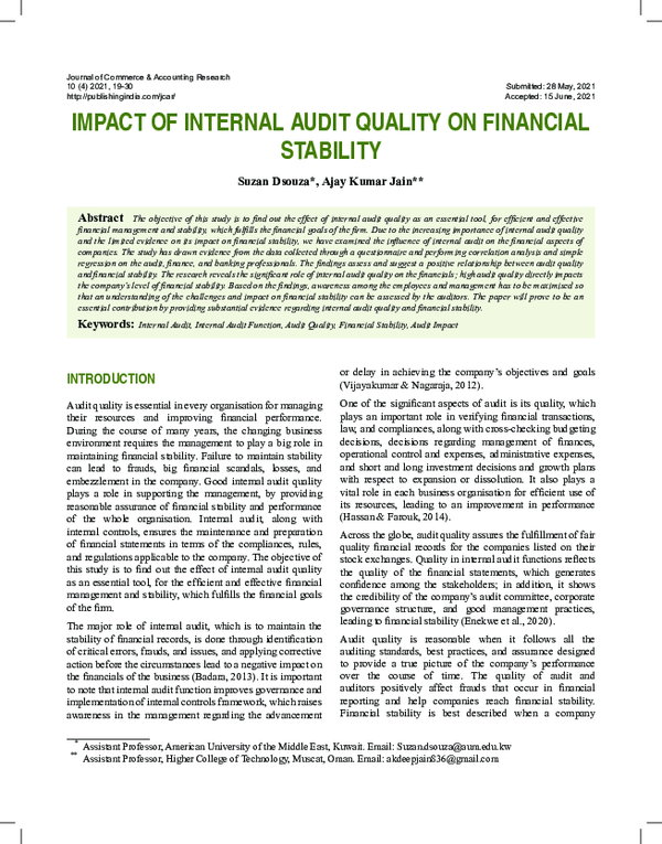 (PDF) IMPACT OF INTERNAL AUDIT QUALITY ON FINANCIAL STABILITY