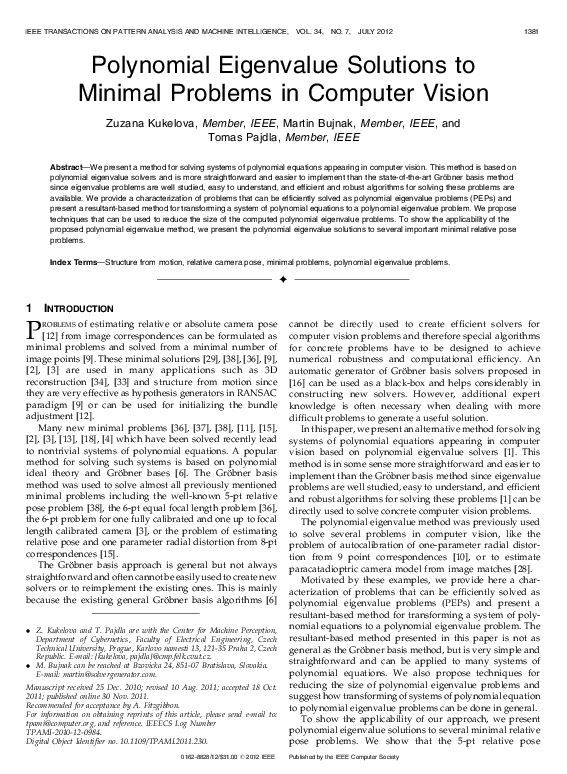 (PDF) Polynomial Eigenvalue Solutions to Minimal Problems in Computer ...