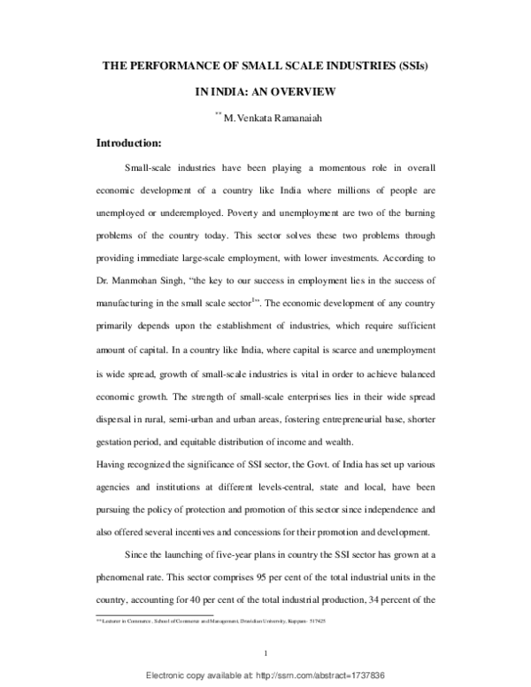 (PDF) The Performance of Small Scale Industries (SSIs) in India: An ...