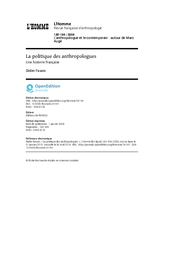 (PDF) La politique des anthropologues