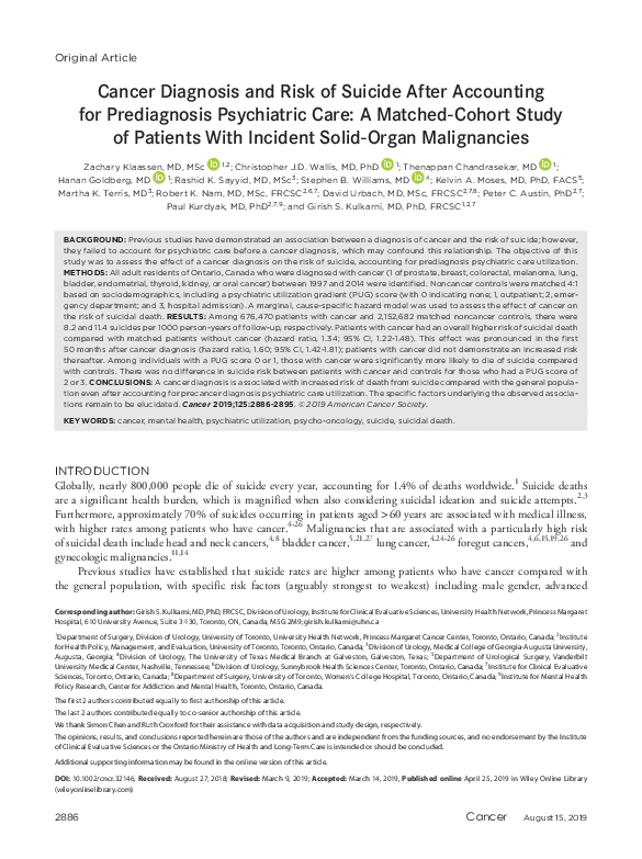(PDF) Cancer diagnosis and risk of suicide after accounting for ...