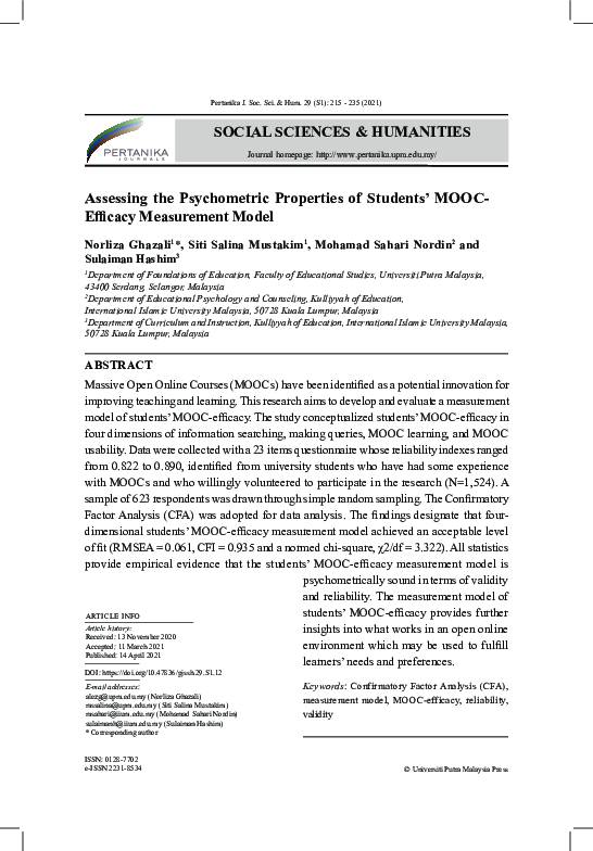 (PDF) Assessing the Psychometric Properties of Students’ MOOC-Efficacy ...
