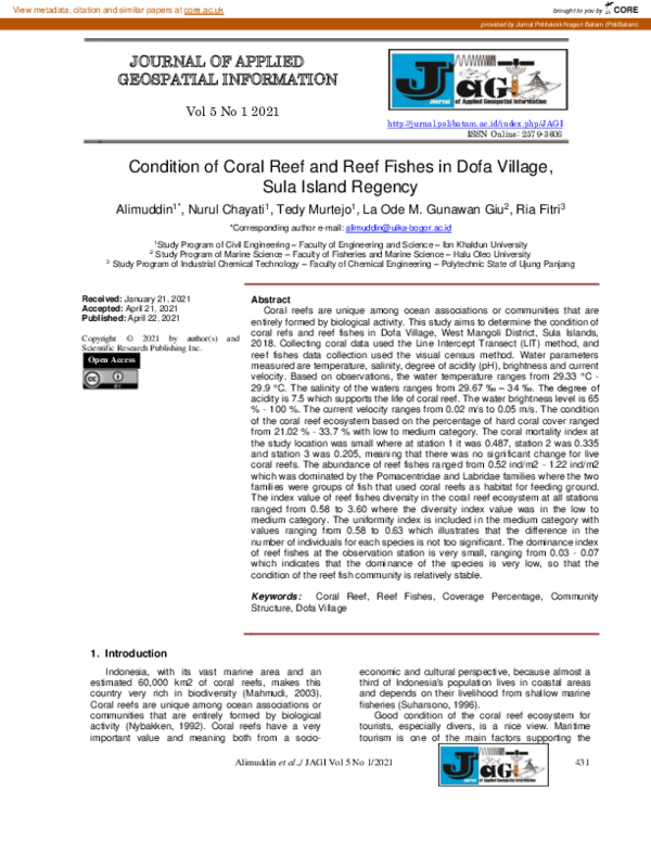 (PDF) Condition of Coral Reefs and Reef Fishes in Dofa Village, Sula ...