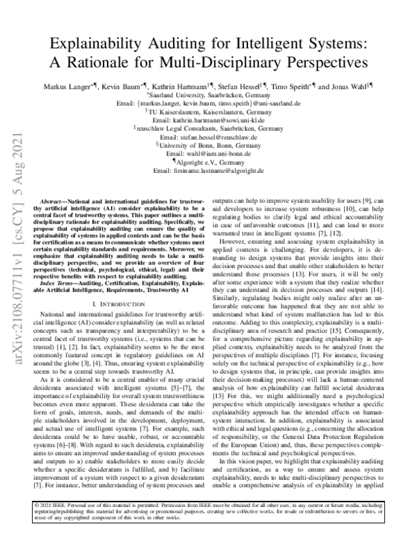 (PDF) Explainability Auditing for Intelligent Systems: A Rationale for ...