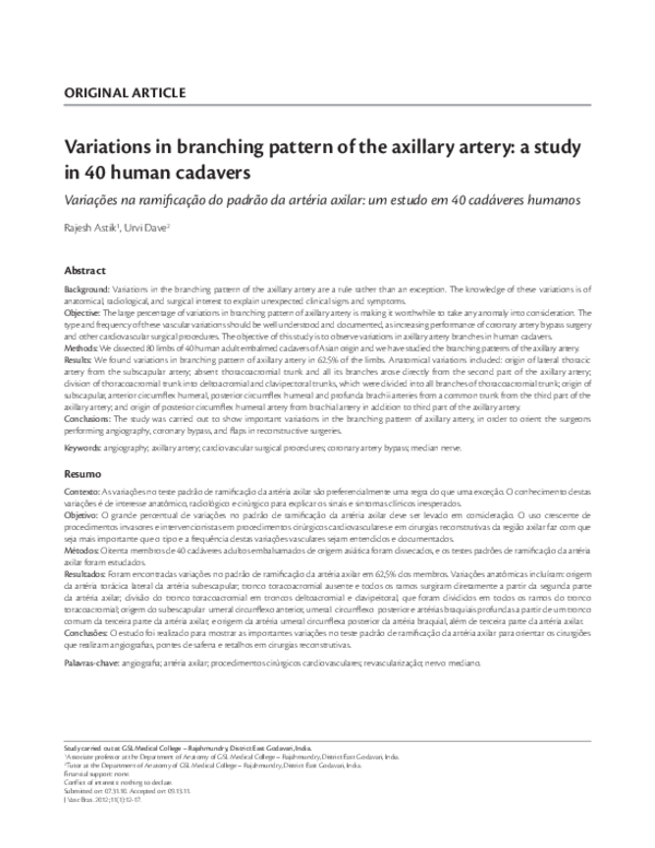 (PDF) Variations in the branching pattern of axillary artery with high ...