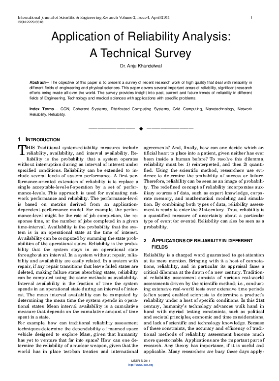 (PDF) Application of Reliability Analysis: A Technical Survey