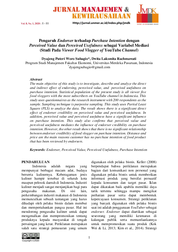(PDF) Pengaruh Endorser terhadap Purchase Intention dengan Perceived ...