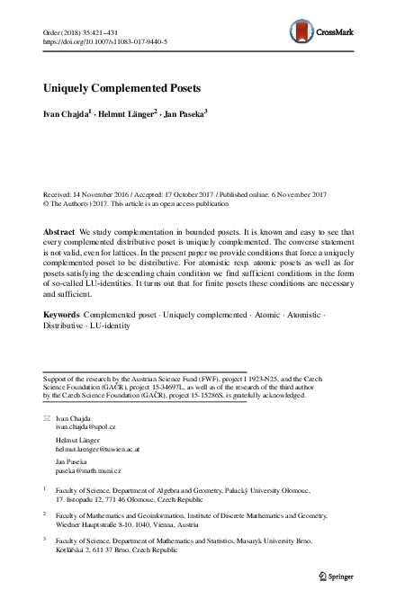 (PDF) Uniquely Complemented Posets